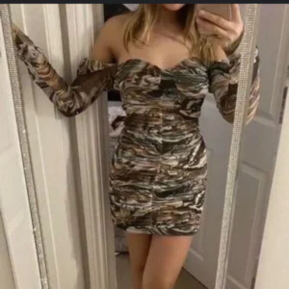 Zara Marble Ruched Mesh Bodycon Mini Dress XL - Picture 2 of 6